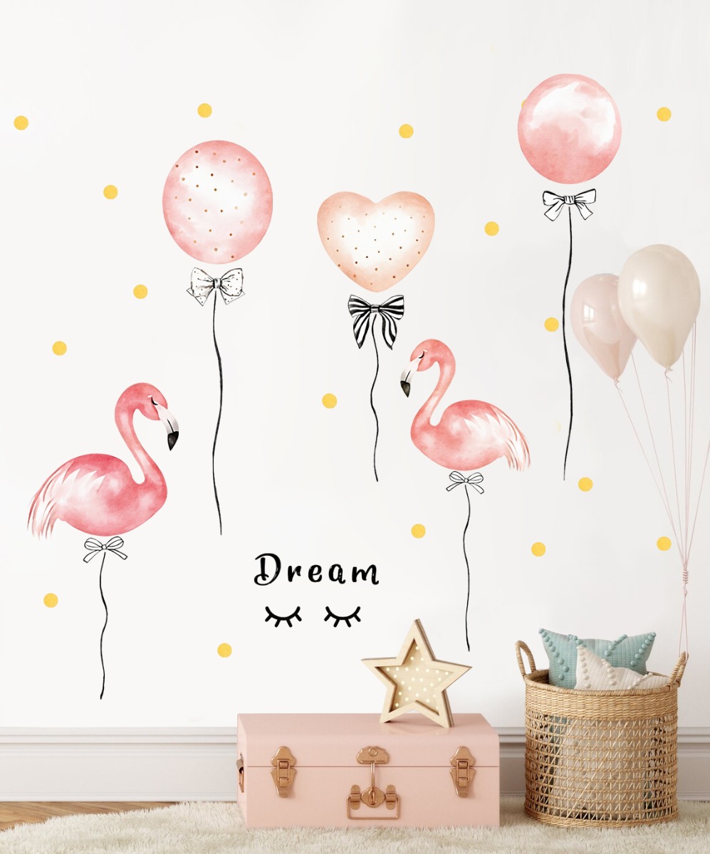 Muursticker - Flamingo's en ballonnen