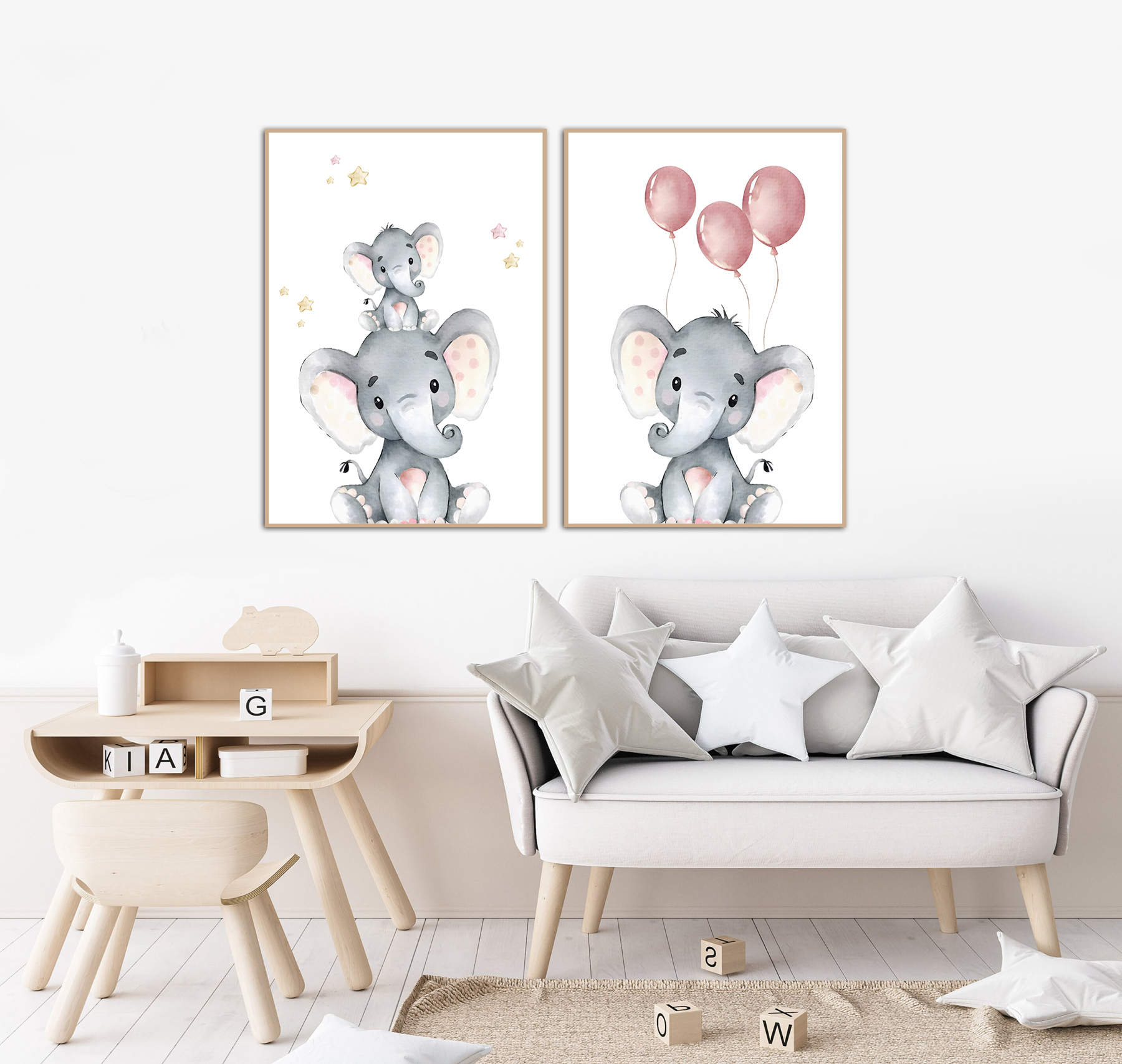 Affiches -Olifanten en roze ballonnen / set van 2