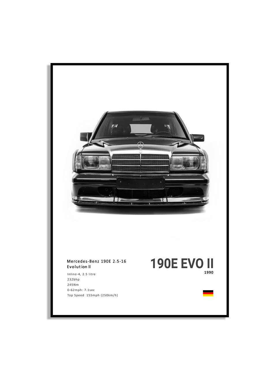 Affiche –  Luxe zwart-witte sportwagen / 190E EVO / Wit