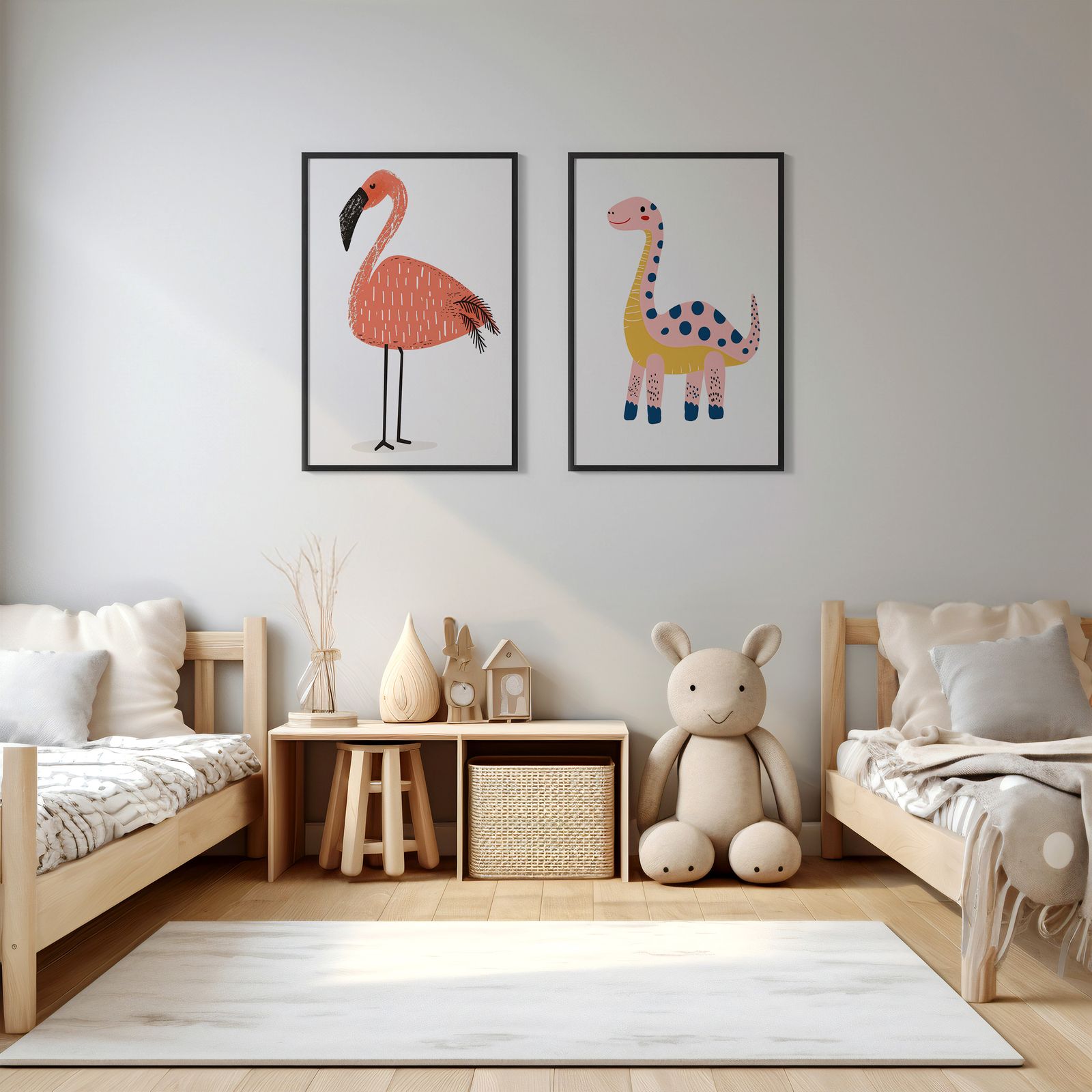Poster - Dinosaurus en Flamingo Set van 2