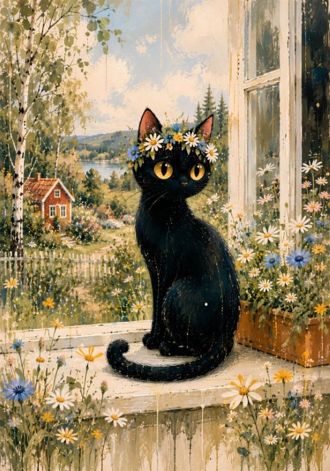 Poster - Bloemkroon Kat bij Raam