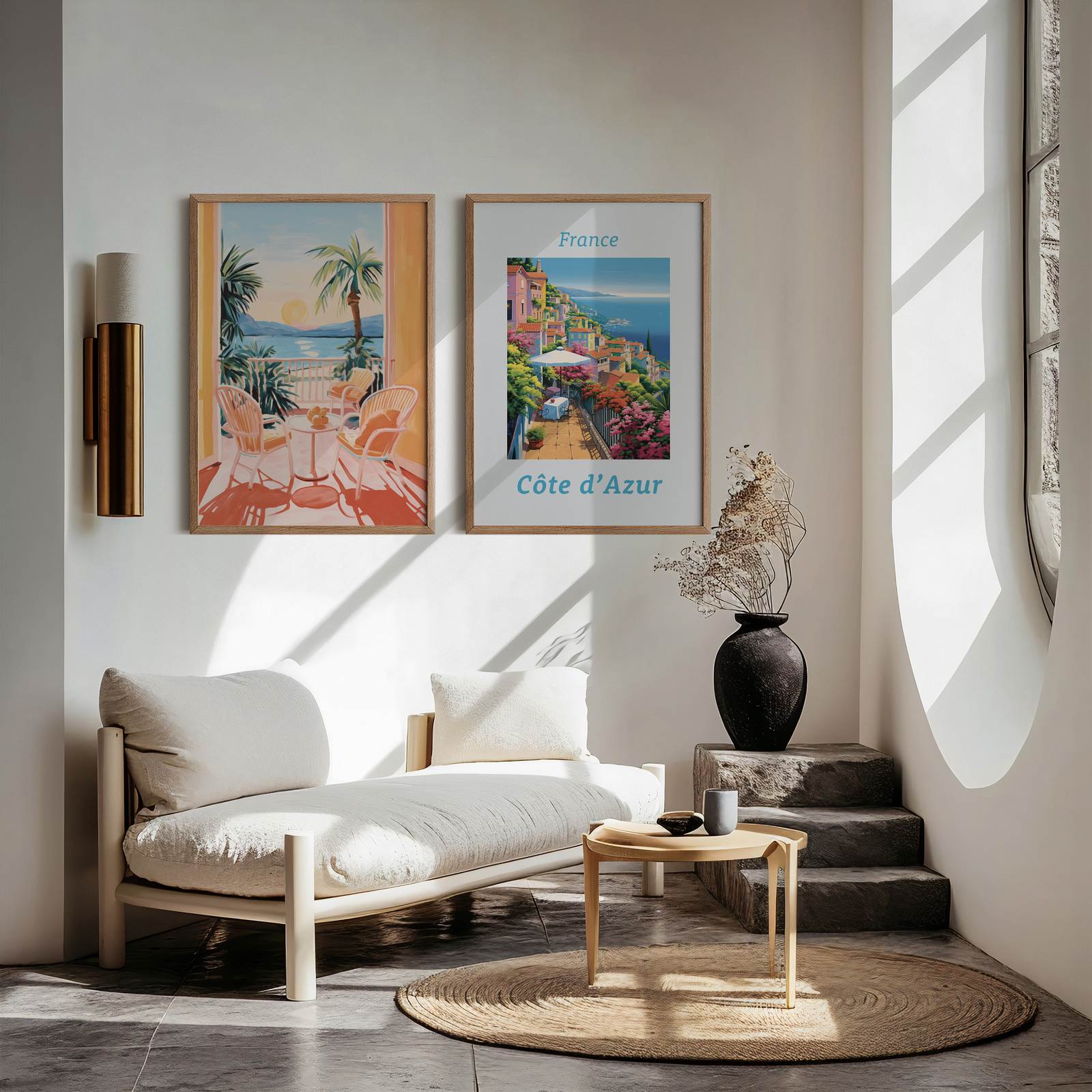 Poster - Côte d'Azur en Zicht op Zonsondergang / Set van 2