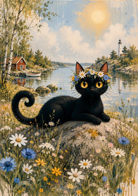 Poster - Zwarte Kat in Bloemen