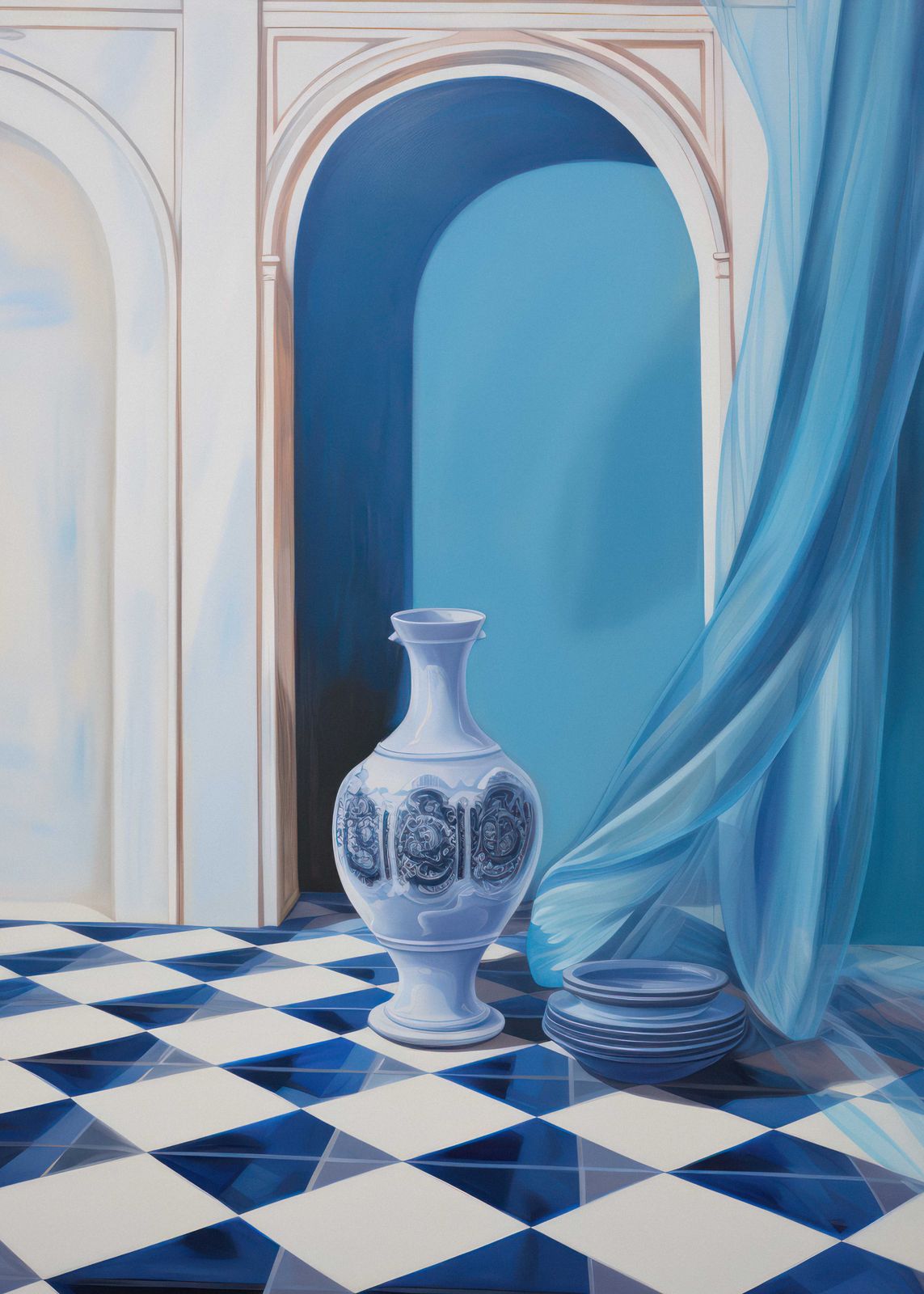 Poster - Blauwe Vaas en Draperijen