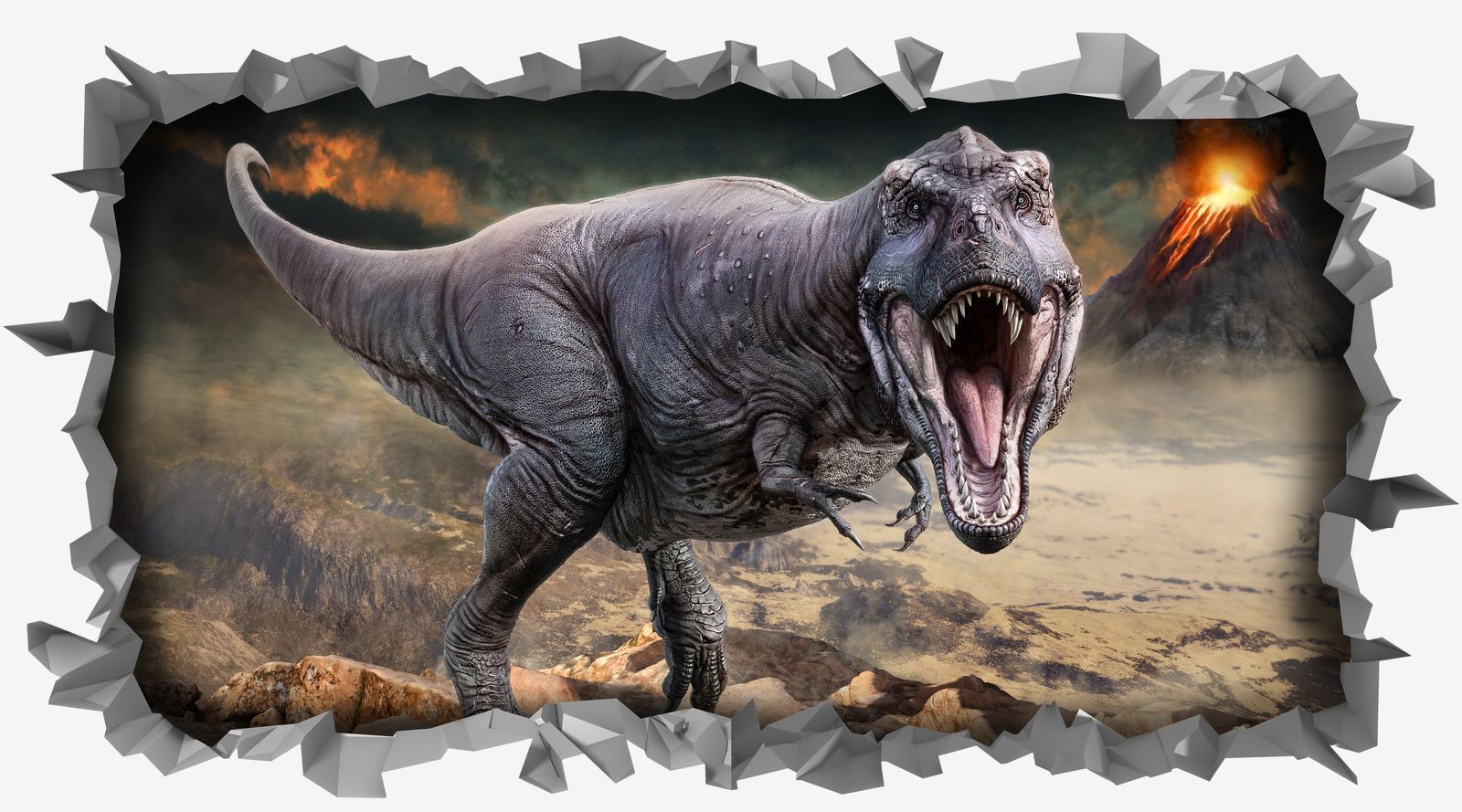 Muursticker / Rektangel - Dinosaurus Vulkaan